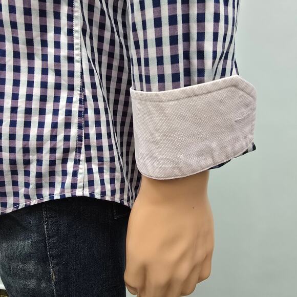 JOHNSTON & MURPHY Dress Shirt Sz M Tailored fit Contrast Flip Cuff Gingham check - Picture 4 of 13